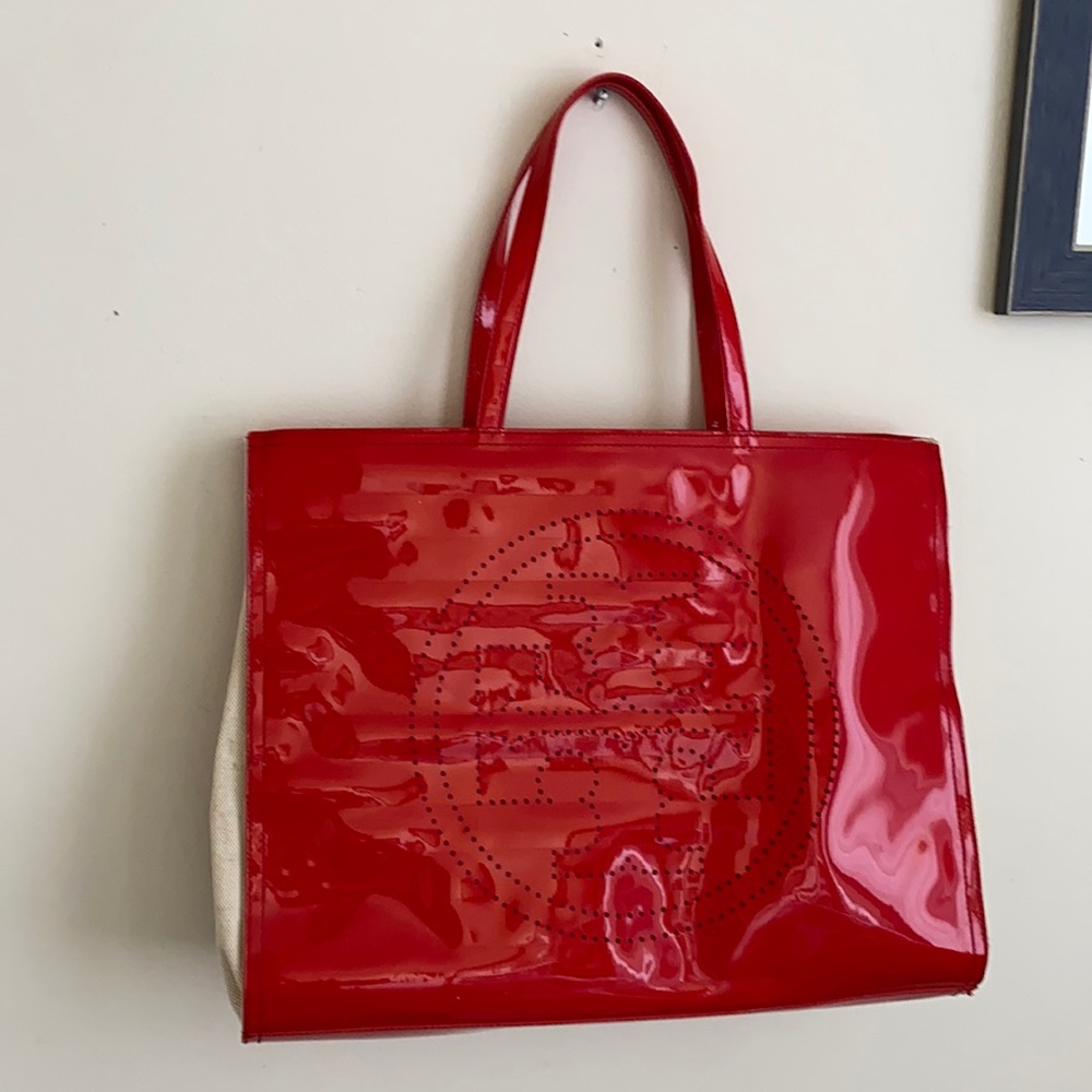 Red Patent and Ivory Cotton. Inside Purple and Zipper in Gold color